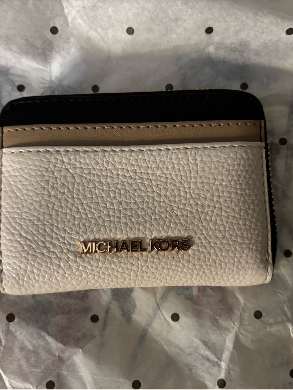 Michael Kors Cream, Tan & Black Pebbled Leather Card Holder with Gold Logo